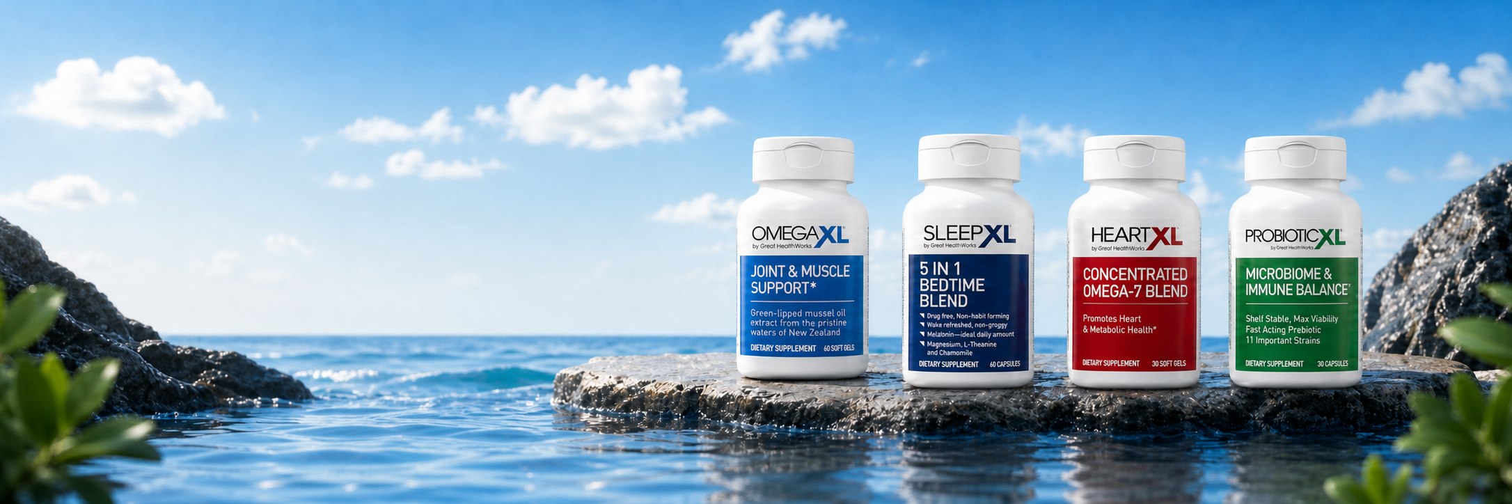 OmegaXL, SleepXL, HeartXL and ProbioticXL products displayed by the water